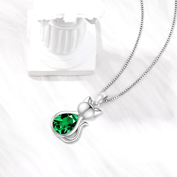 Odinstone Cat Birthstone Necklaces Jewelry Sterling Silver Cat Pendant Necklace Gift for Women Gifts, 18'' Silver Box Chain Women's Birthstone Crystal Cat Jewelry Gifts