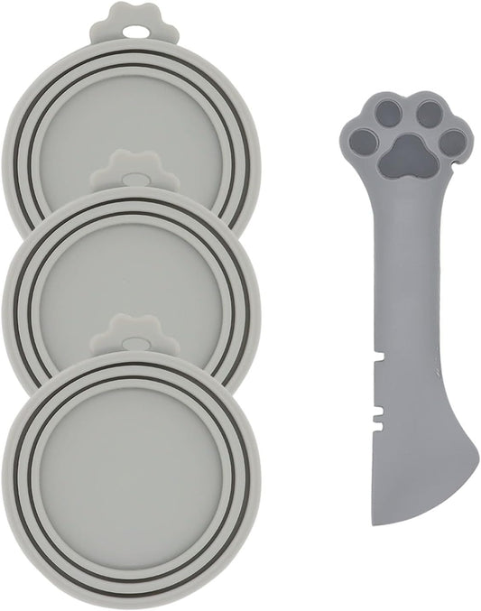 Pet Food Can Spoon & 3 Pcs Can Covers | Cute Paw Shape Opener Spatula Cat Wet Food Spoon | Universal BPA Free Silicone Can Lids & Spoon for Dog Cat Cans(Grey)