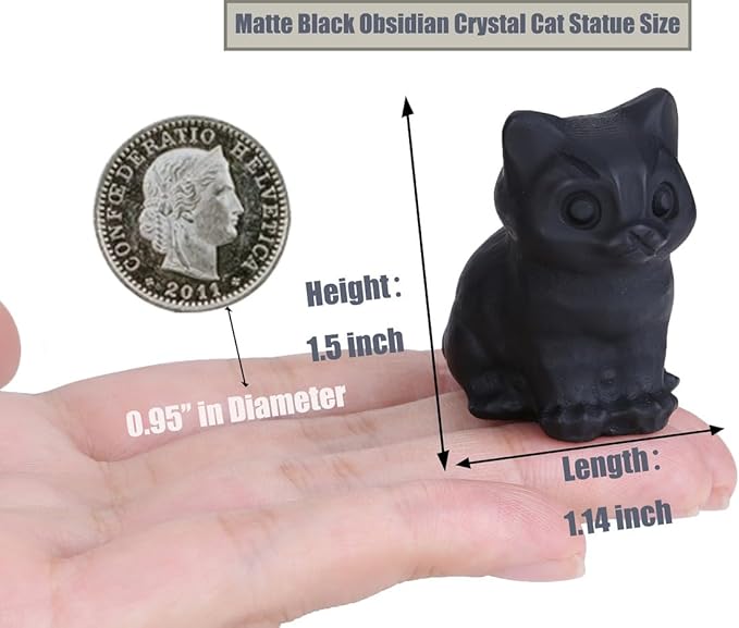 DUQGUHO Matte Black Obsidian Cat Crystal Figurines Gifts for Women & Men - Lucky Cute Cat Statue - Room & Desk Decor - 1PC