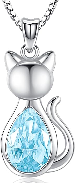 Odinstone Cat Birthstone Necklaces Jewelry Sterling Silver Cat Pendant Necklace Gift for Women Gifts, 18'' Silver Box Chain Women's Birthstone Crystal Cat Jewelry Gifts