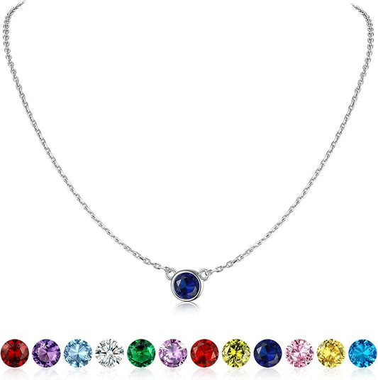 SILVERCUTE Sterling Silver Birthstone Necklace for Women,Dainty Silver Pendant Necklace with Round Cubic Zirconia,16"-18"