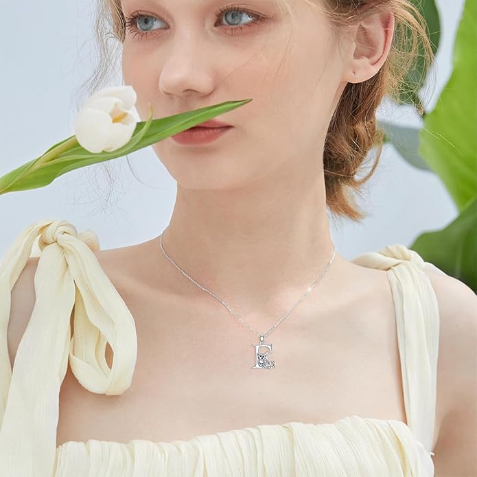 LONAGO Cat Initial Pendant Necklace Silver A to Z Letters Alphabet Necklace Gift for Women