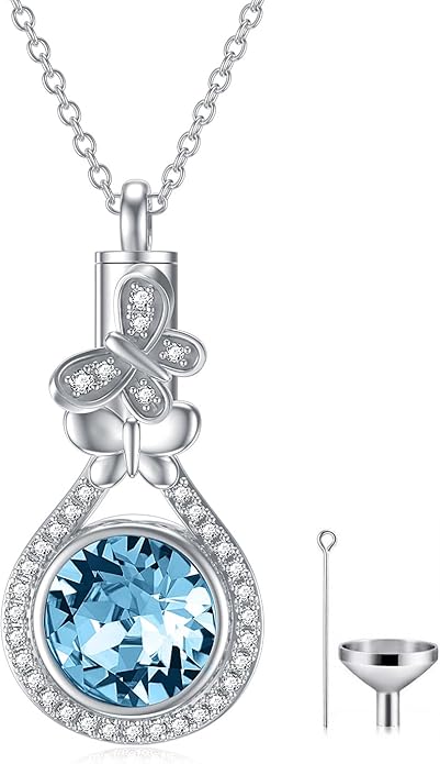 AOBOCO Butterfly Urn Necklace for Ashes 925 Sterling Silver Butterfly Cremation Jewelry Memorial Keepsake Pendant with 12 Months Birthstone Crystal from Austria