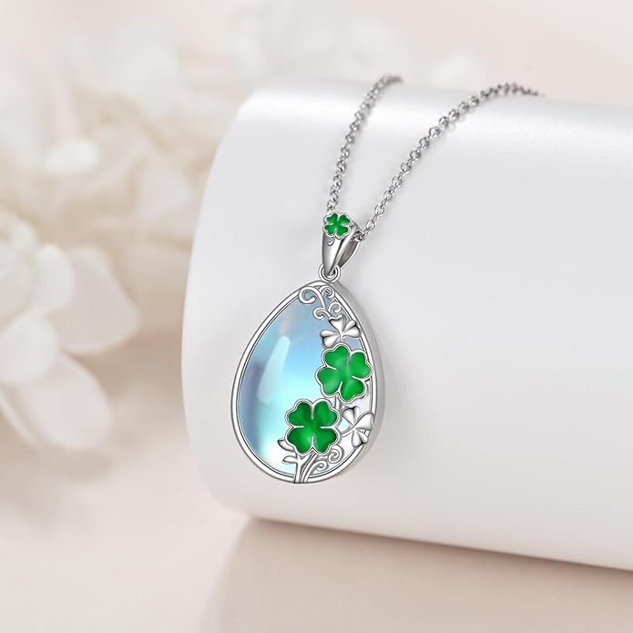 CRMAD Daisy/Black Cat/Dragonfly/Daffodil/Hummingbird/Stingray/Phoenix Feather/Rose Necklace Sterling Silver Moonstone Teardrop Pendant Necklace Flower Animal Jewelry Gifts for Women