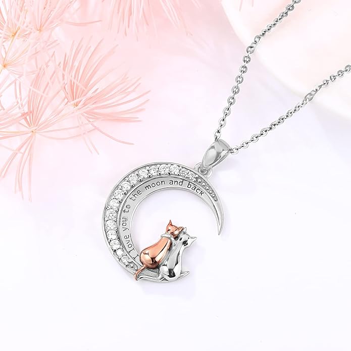 Odinstone Cat Necklace, S925 Sterling Silver Cat on Moon Pendant with Cubic Zirconia, Cat Jewelry Mothers Day Gifts for Mum with Gift Package - I Love You Forever