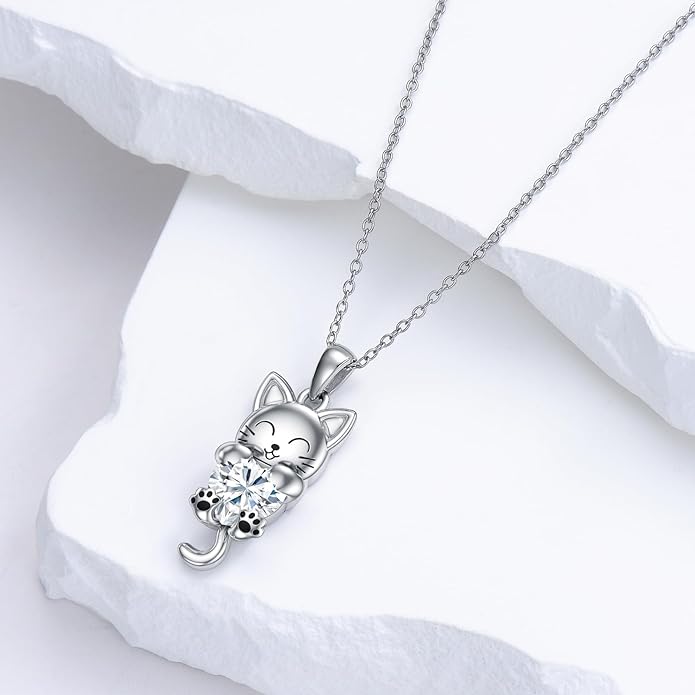 LONAGO Cat Necklace with Heart Birthstone Cat Pendant Necklace Sterling Silver Gifts for Women