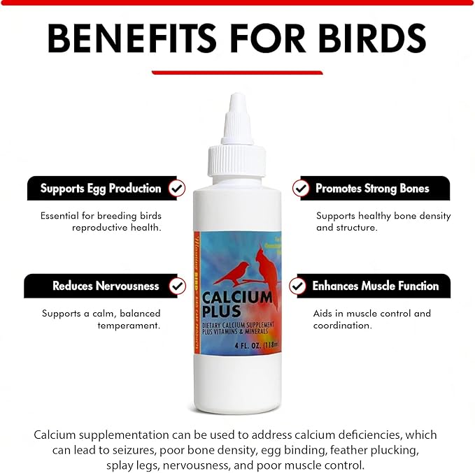 Morning Bird Calcium Plus Liquid Supplement for Birds - Liquid Calcium Formula with Magnesium and Vitamin D3 Calcium Supplement for All Birds – 4 Fl Oz