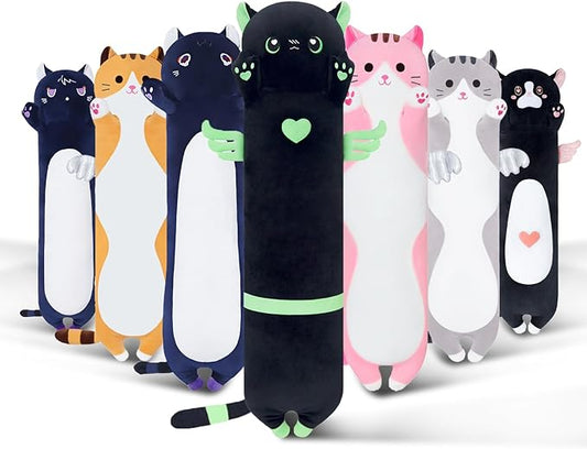Long Cat Plush Body Pillow, Cute Cat Plush Toy Pillows with Wings, Stuffed Animals Kitten Soft Plushies Gifts for Kids Girls Girlfriend(AngelCat Green, 35.4in/90cm)