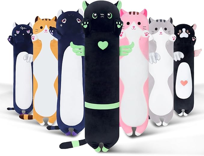 Long Cat Plush Body Pillow, Cute Cat Plush Toy Pillows with Wings, Stuffed Animals Kitten Soft Plushies Gifts for Kids Girls Girlfriend(AngelCat Green, 43.3in/110cm)