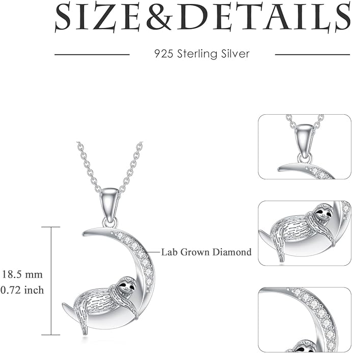 Diamond Black Cat/Red Panda/Sloth/Deer/Unicorn Necklace for Women 925 Sterling Silver Sleeping Animal and Moon Pendant with Lab Grown Diamonds Jewelry Gifts