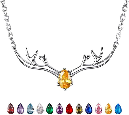 SILVERCUTE Sterling Silver Birthstone Necklaces for Women, Xmas Antler Deer Pendant Necklace with Colorful Cubic Zirconia,16-18 inches