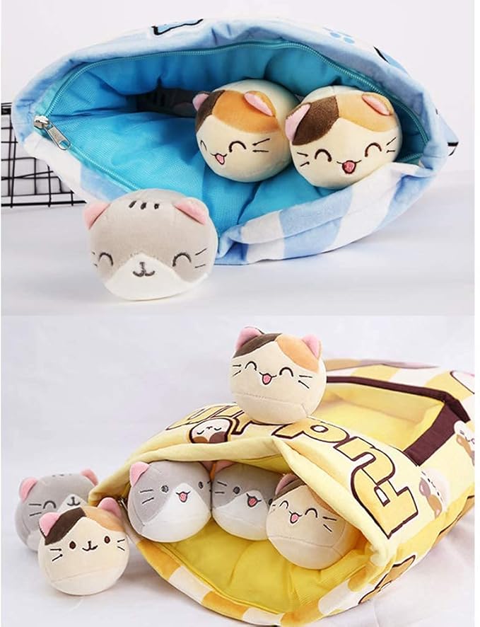 Cute Cat Plush Pillow Toy, 8" Removable Fluffy Animal Doll, Soft Cotton Stuffed Sofa Chair Decor for Kids & Girls
