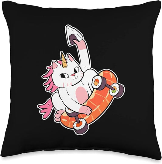 Skater Unicorn Sushi Cat Skateboard Anime Figure Fingerboard Throw Pillow