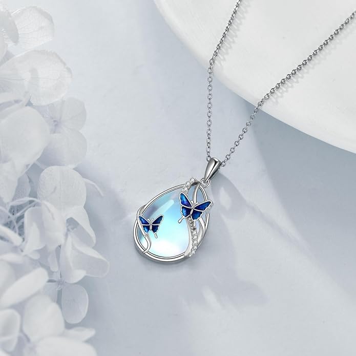 KQF Dragonfly/Butterlfy/Cat/Jellyfish/Bunny/Axolotl/Bee/Mermaid/Hummingbird/Elephant Necklace for Women Sterling Silver Moonstone Pendant Necklace Dragonfly Jewelry Gifts for Women