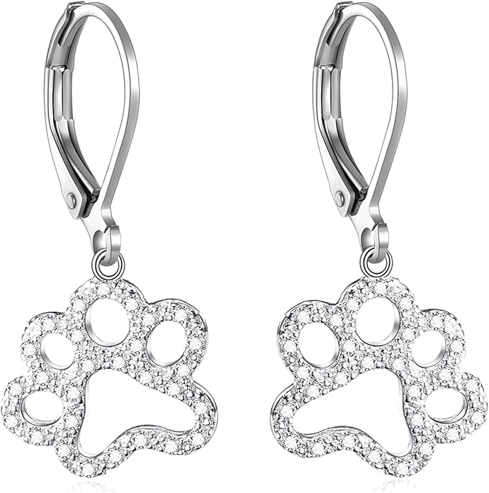 Paw Print Earrings Sterling Silver Leverback Dog Paw Earrings Puppy Paw Drop Dangle Earring for Women Girls
