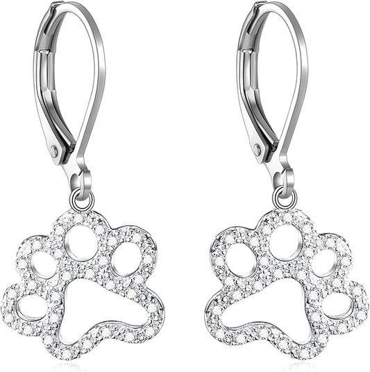 Paw Print Earrings Sterling Silver Leverback Dog Paw Earrings Puppy Paw Drop Dangle Earring for Women Girls