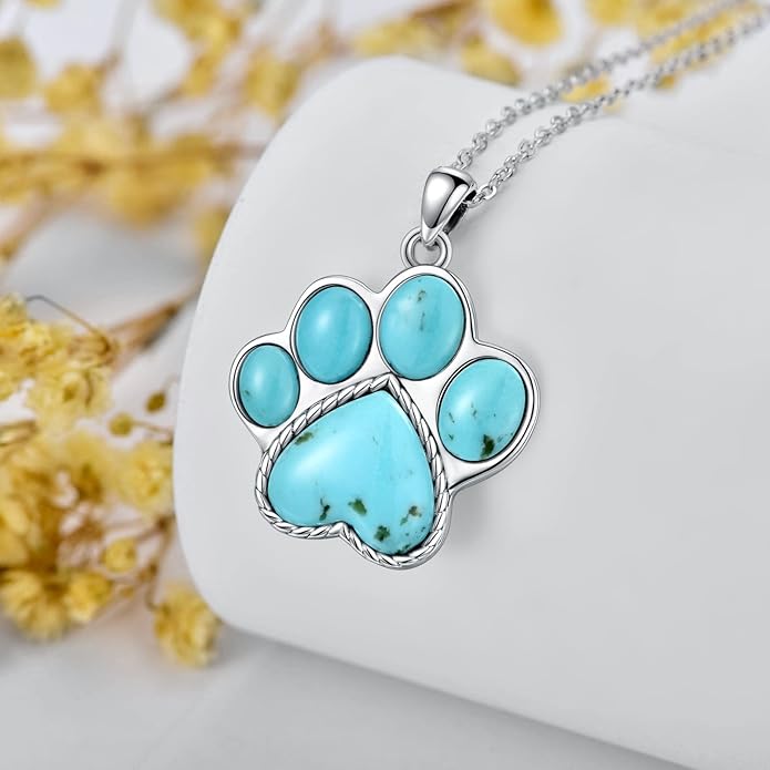 Paw Print Necklace 925 Sterling Silver with Genuine Turquoise/Larimar Dog Cat Kitten Puppy Footprint Pendant Animal Jewelry Gifts for Women Pet Lover