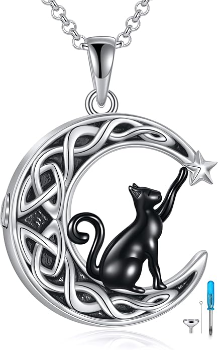 Celtic Moon Black Cat Necklace for Women - Abalone Tree of Life Sterling Silver Cat Lovers Jewelry