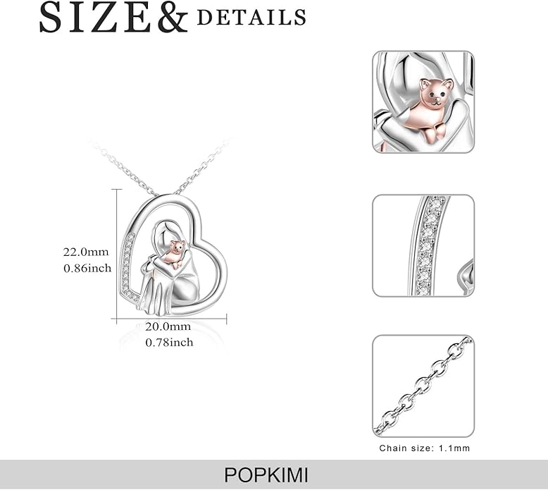 POPKIMI Cat Lover Pendant Necklace Dog Lover Necklace 925 Sterling Silver Crystal Cat Memorial Gifts for Women Animal Heart Jewelry Birthday Gifts