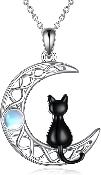 CRMAD Black Cat Necklace for Women Sterling Silver Moonstone Cat Jewelry Irish Gifts