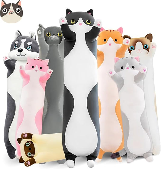 Long Cat Plush Pillow, 43.3in Cute Black Cat Plushie Stuffed Animals Body Pillow, Kawaii Kitten Soft Plushie Doll Toy Birthday Gift for Kids Girlfriend