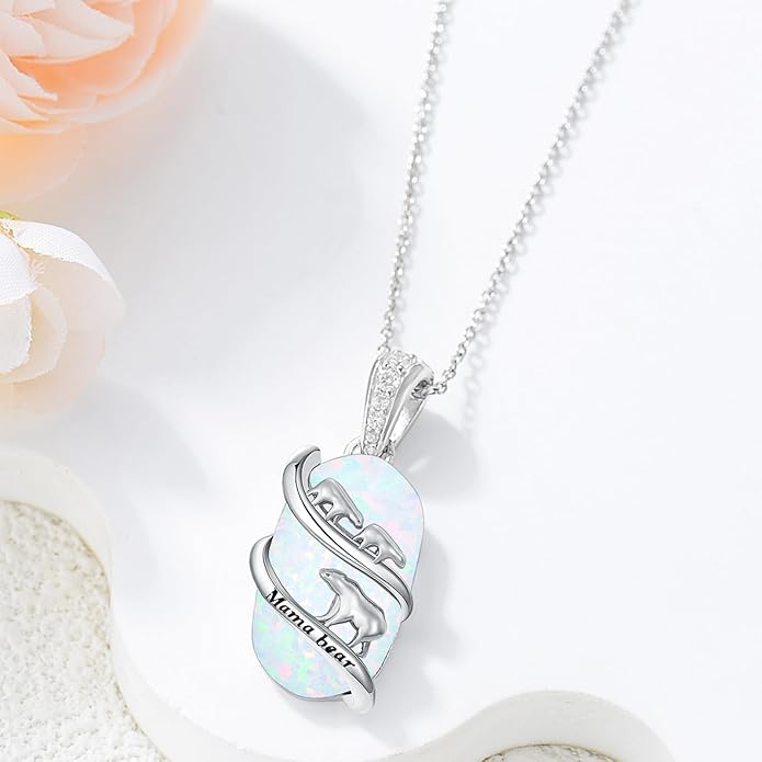 Opal Mama Bear/Panda/Cat/Koala/Sloth/Cardinal/Unicorn Necklace 925 Sterling Silver Opal Animal Pendant Jewelry Birthday Gifts Women Her Mom