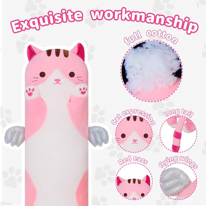 Long Plush Cat Pillow: Cute Plush Cat Toy Doll, Stuffed Animal Cat Hugging Pillow for Sleeping, Gift for Kids and Girls (Pink, 90cm/35.4in)