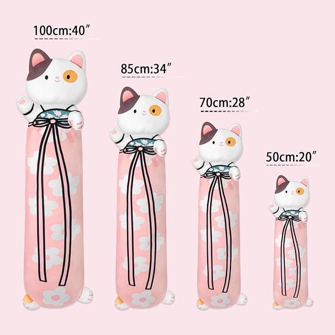 70cm Long Cat Plush Body Pillow - 28' Cherry Blossom Cute Cat Plush Soft & Huggable Throw Pillow for Girls, Boys & Lovers - Pink, 27.6in/70cm