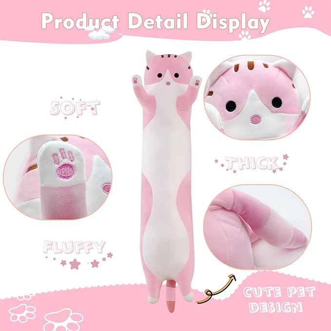 Long Cat Plush Pillow, 51.1in Cute Pink Cat Plushie Stuffed Animals Body Pillow, Kawaii Kitten Soft Plushie Doll Toy Birthday Gift for Kids Girlfriend