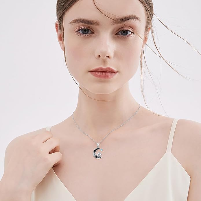 Gothic Jewelry Bat/Cat/Wolf/Dragon/Owl/Fox/Spider/Sun Pendant Sterling Silver Crescent Moon Necklace for Women Girls Black Jewelry Gifts