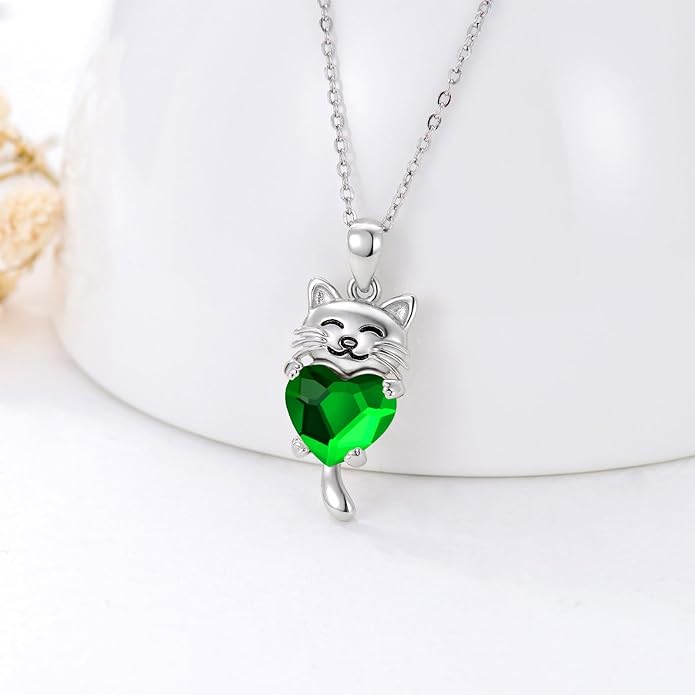 JUSTKIDSTOY Sterling Silver Cute Animal Pendant Necklace with Crystal Cat Pendant - Women's Cat Lovers Jewelry Gift