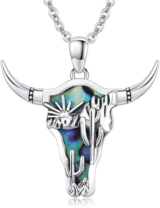 Midir&Etain Western Necklace 925 Sterling Silver Turquoise Pendant Cow Skull/Hat/Tag/Cactus Cowgirl Country Jewelry for Women Men