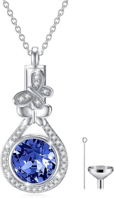 AOBOCO Butterfly Urn Necklace for Ashes 925 Sterling Silver Butterfly Cremation Jewelry Memorial Keepsake Pendant with 12 Months Birthstone Crystal from Austria