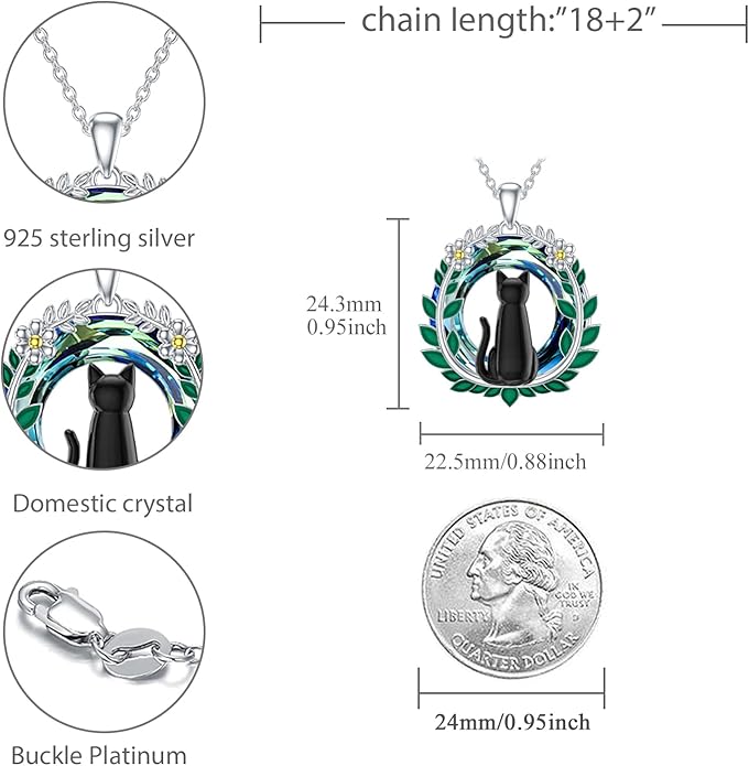 Cat Necklace for Women 925 Sterling Silver Black Cat Pendant Necklace with Crystal Cute Animal Jewelry Gift for Women