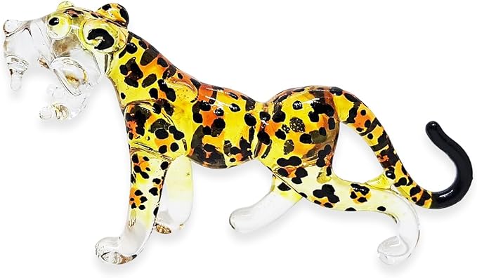 ChangThai Design Tiny 2½" Yellow Black Spotted Roaring Leopard Cheetah Jaguar Figurine - Miniature Hand Blown Glass Wild Cats Wildlife Felidae Animal Crystal Decorative Collectible Figures Décor Gifts