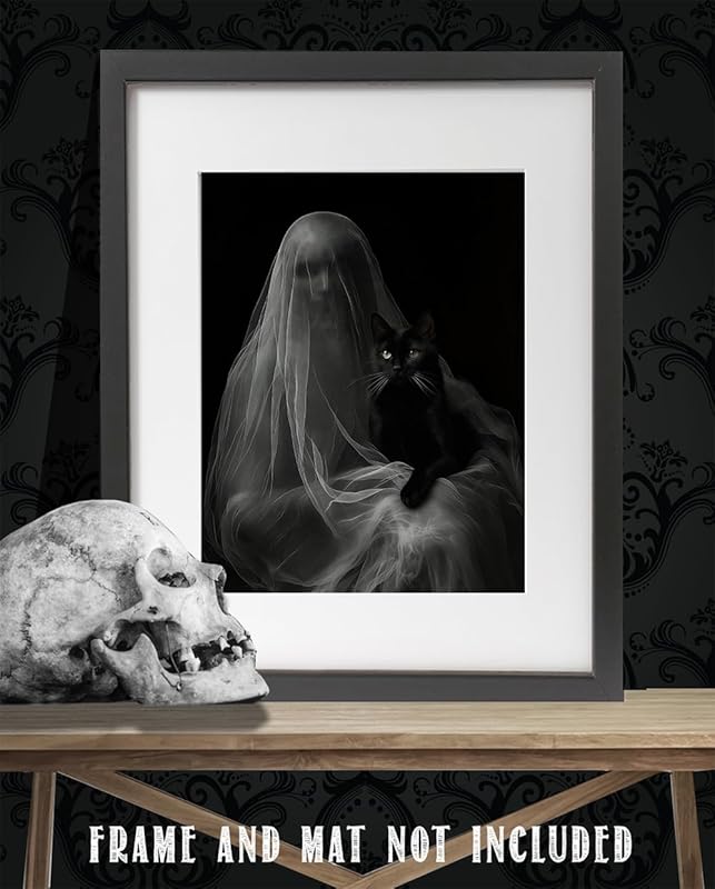 Ghost with a Black Cat Halloween Poster - Dark Academia Gothic Home Decor, Eerie Mystery Figure Art Print for Halloween Enthusiasts and Unique Wall Art Collectors (Unframed Print Poster, 11x14)