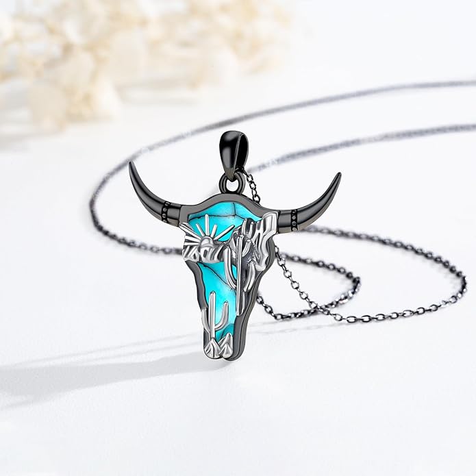 Midir&Etain Western Necklace 925 Sterling Silver Turquoise Pendant Cow Skull/Hat/Tag/Cactus Cowgirl Country Jewelry for Women Men