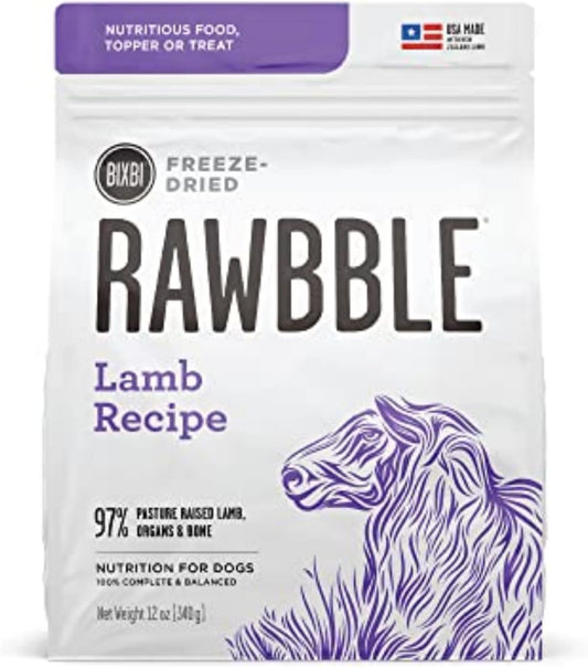 BIXBI Rawbble Freeze Dried Dog Food, Lamb Recipe, 12 oz - 97% Meat and Organs, No Fillers - Pantry-Friendly Raw Dog Food for Meal, Treat or Food Topper - USA Made in Small Batches