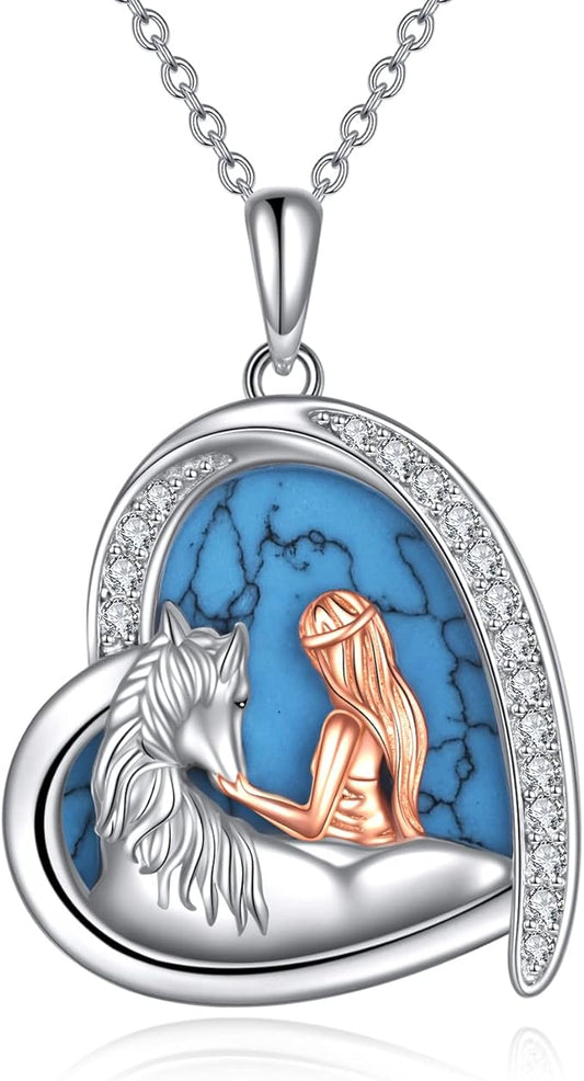 Sterling Silver Turquoise Love Heart Horse Pendant Necklace for Women Horse Lovers
