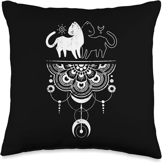 Couple of Cats, Mandala, Geometric Mystical Figures Throw Pillow, 16x16, Multicolor