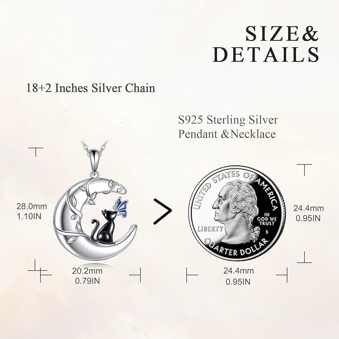 TIGER RIDER Moon Cat Necklace 925 Sterling Silver Blue Butterfly Black Jewelry Gifts Birthday Christmas Gifts for Women Wife Cat Lovers