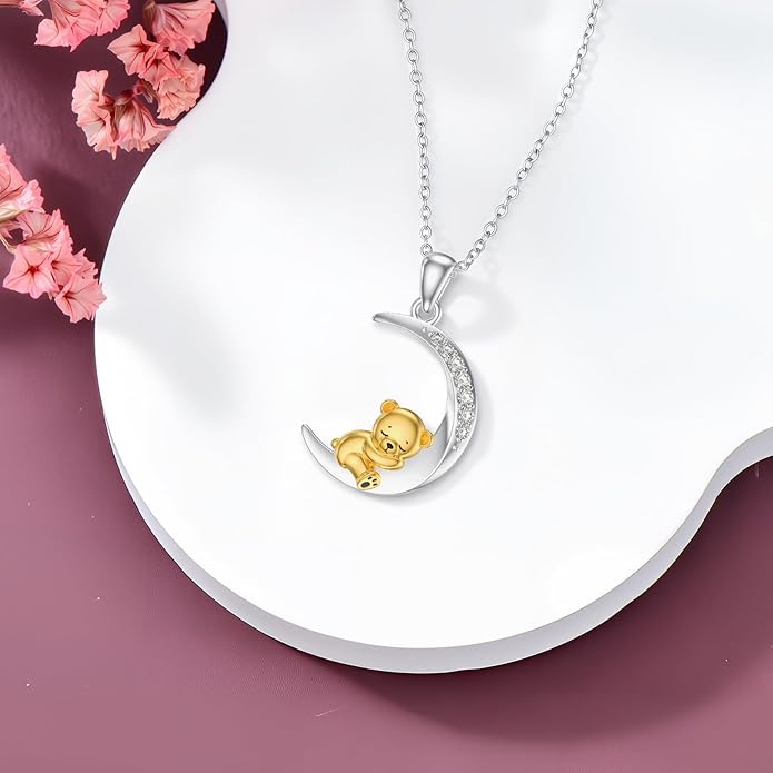 Diamond Black Cat/Red Panda/Sloth/Deer/Unicorn Necklace for Women 925 Sterling Silver Sleeping Animal and Moon Pendant with Lab Grown Diamonds Jewelry Gifts