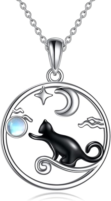 CRMAD Black Cat Necklace for Women Sterling Silver Moonstone Cat Jewelry Irish Gifts