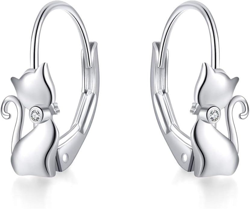 Cat Gifts Earrings Sterling Silver Cute Small Animal Cats Dangle Leverback Jewelry Gifts for women cat Lovers