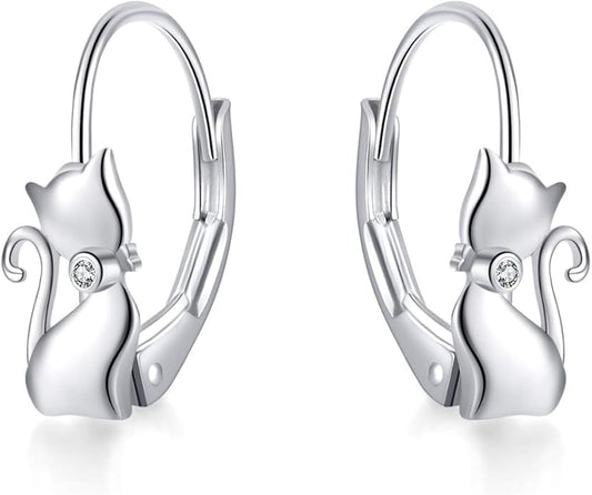 Cat Gifts Earrings Sterling Silver Cute Small Animal Cats Dangle Leverback Jewelry Gifts for women cat Lovers