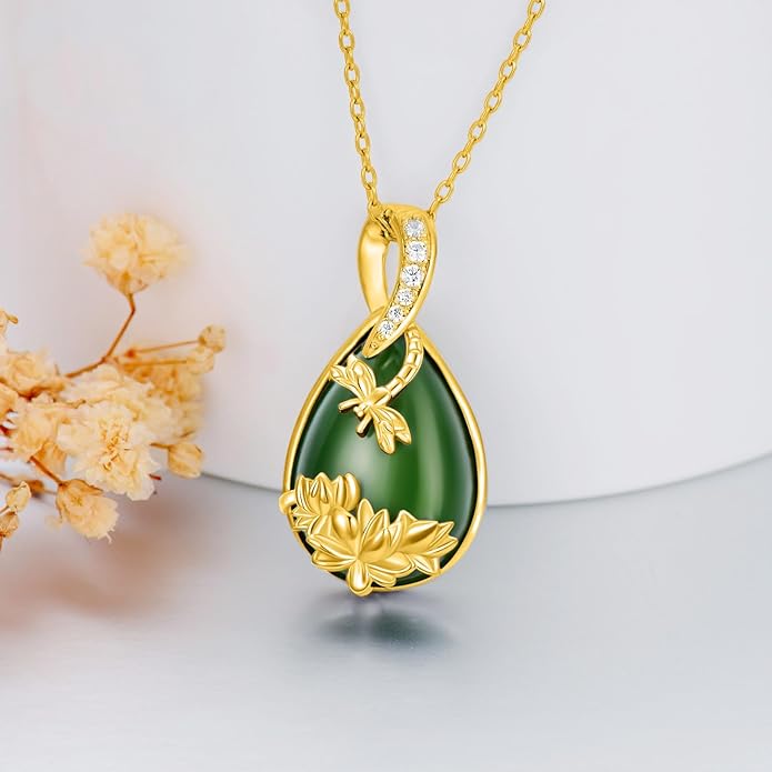 Green Jade Necklace Sterling Silver Teardrop Hummingbird/Dragonfly/Butterfly/Bee/Cat/Cardinal/Owl/Fox/Sloth Natural Jade Jewelry Birthday Mothers Day Christmas Gifts Women Mom Her