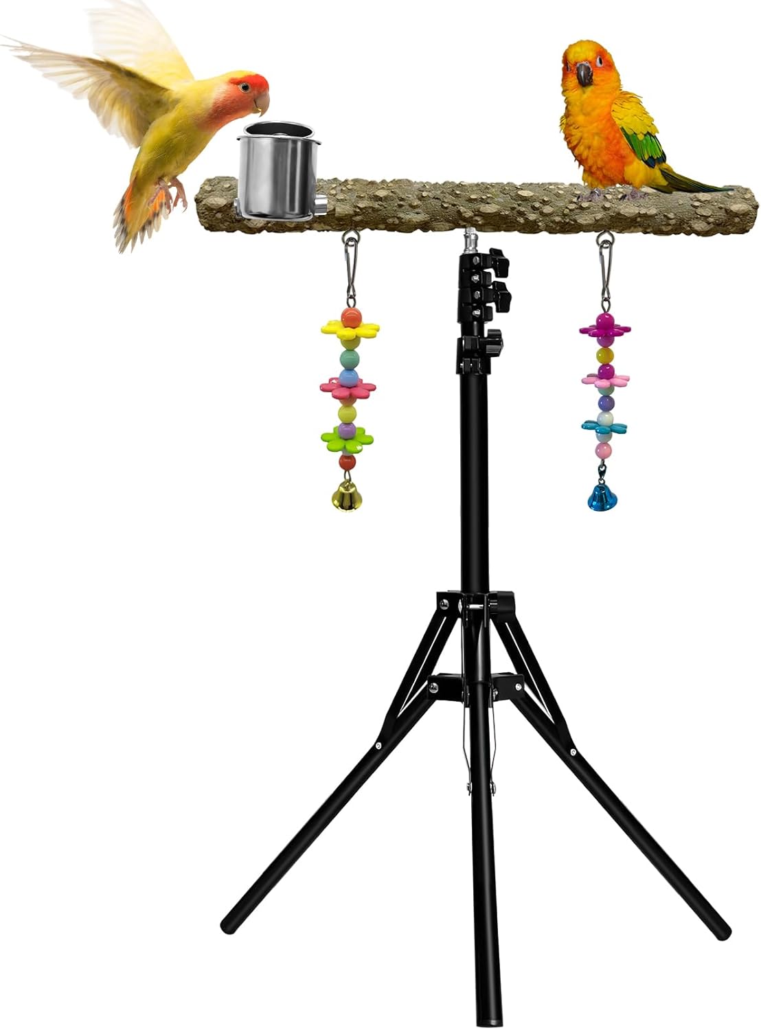 16-63 Inch Height Adjustable Bird Perch Pepper Wood Parrot Training Perch Stand with Feeding Cups and Swing Toy Parakeet Perches Indoor and Outdoor Parrot Stands for Small to Medium Bird