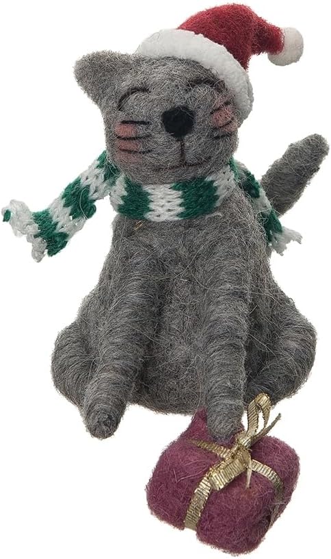 The Bridge Collection Santa Cat Wool Figurine - Wool Christmas Decor - Home for The Holidays - Christmas Cat Figurine