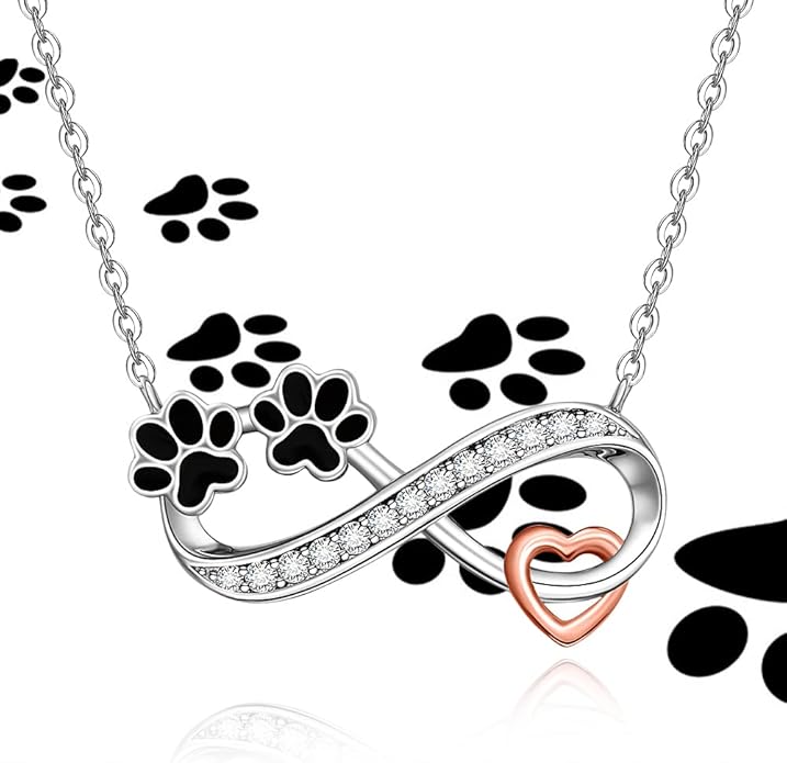Dog Cat Paw Print Necklace for Women Sterling Silver Infinity Necklaces Memorial Gifts Black Puppy Paw Heart Crystal Pendant