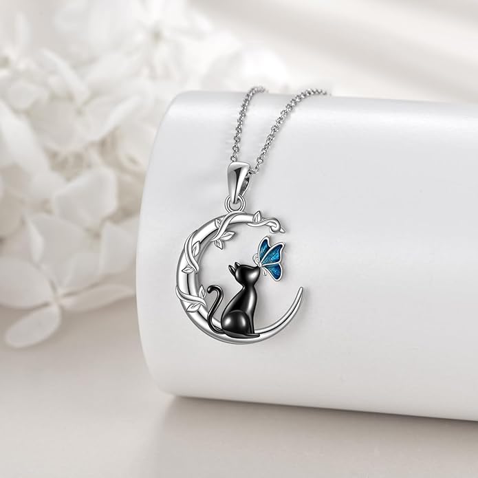 TIGER RIDER Moon Cat Necklace 925 Sterling Silver Blue Butterfly Black Jewelry Gifts Birthday Christmas Gifts for Women Wife Cat Lovers